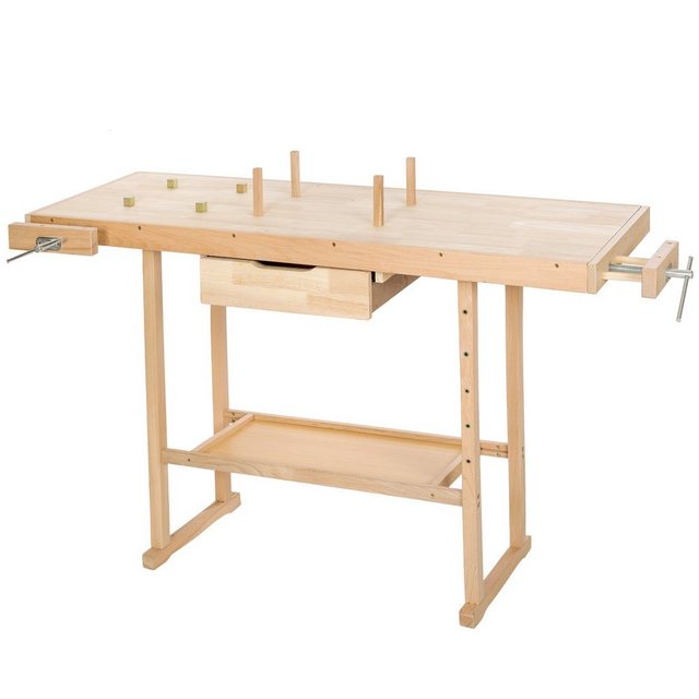 Bild von tectake® Werkbank Holz, Werkbank mit Schraubstock, Hobelbank, Arbeitstisch für Werkstatt, Arbeitstisch Werkstatt, Tischler Werkzeug, Werktisch - XL