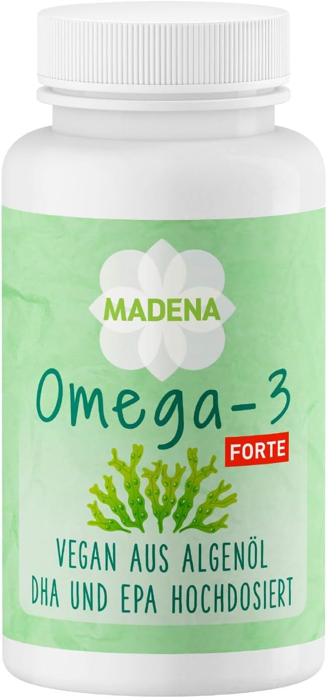 Bild von MADENA Algenöl Omega 3 Vegan Kapseln mit 917mg Omega 3 pro Tagesdosierung, ermöglicht hochdosierte Aufnahme des Tagesbedarfs von Omega-3-Fettsäuren, Algenöl Kapseln mit hochdosiertem DHA & EPA