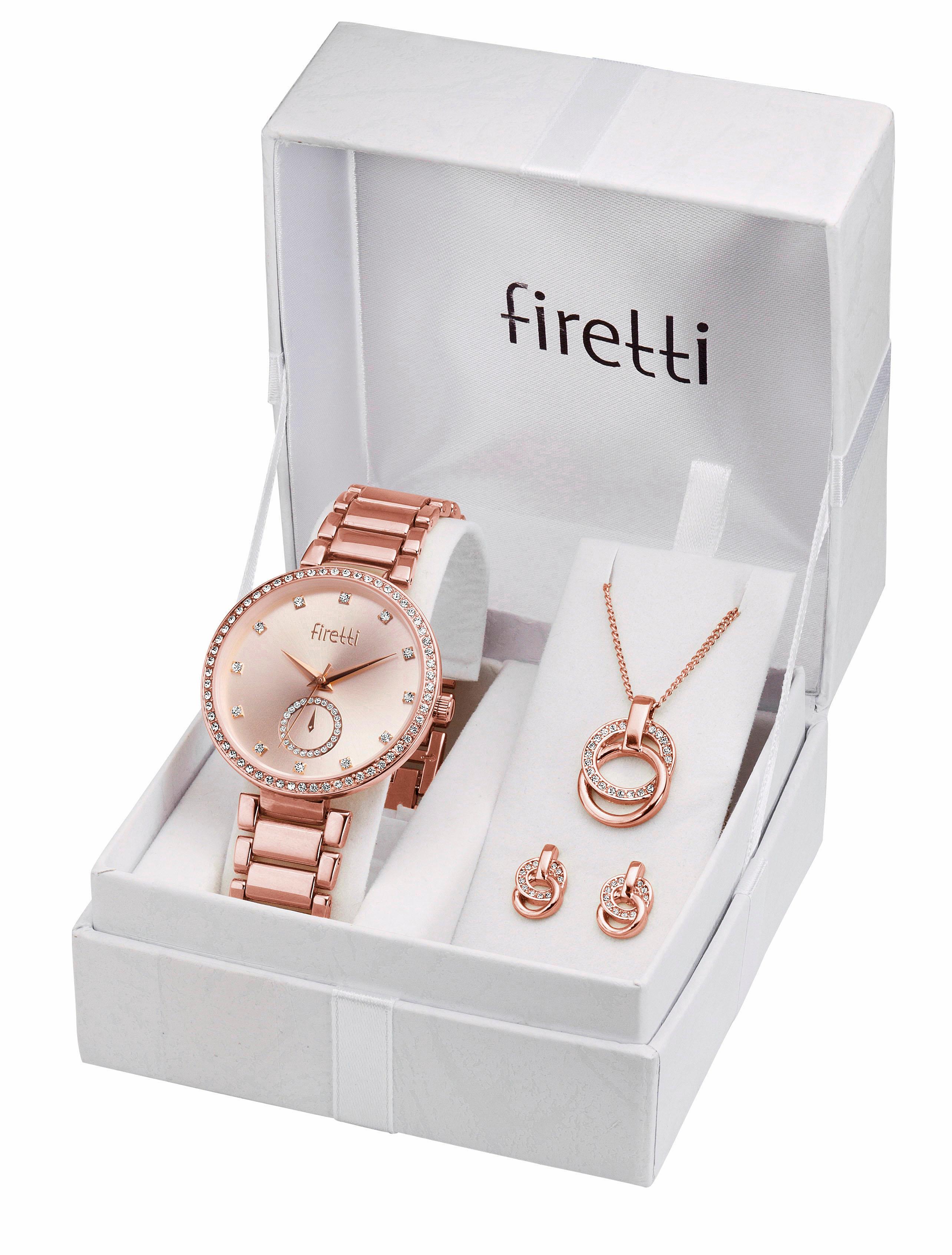 Bild von Firetti Quarzuhr, (Set, 4 tlg., inkl. Ohrstecker und Kette mit Anhänger), Armbanduhr, Damenuhr, Glassteine, ideal auch als Geschenk