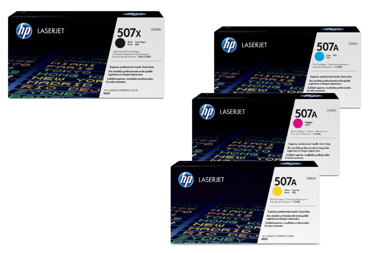 Bild von HP Original 507A/ 507X Toner 4er Set schwarz hohe Kapazität, cyan, magenta, gelb