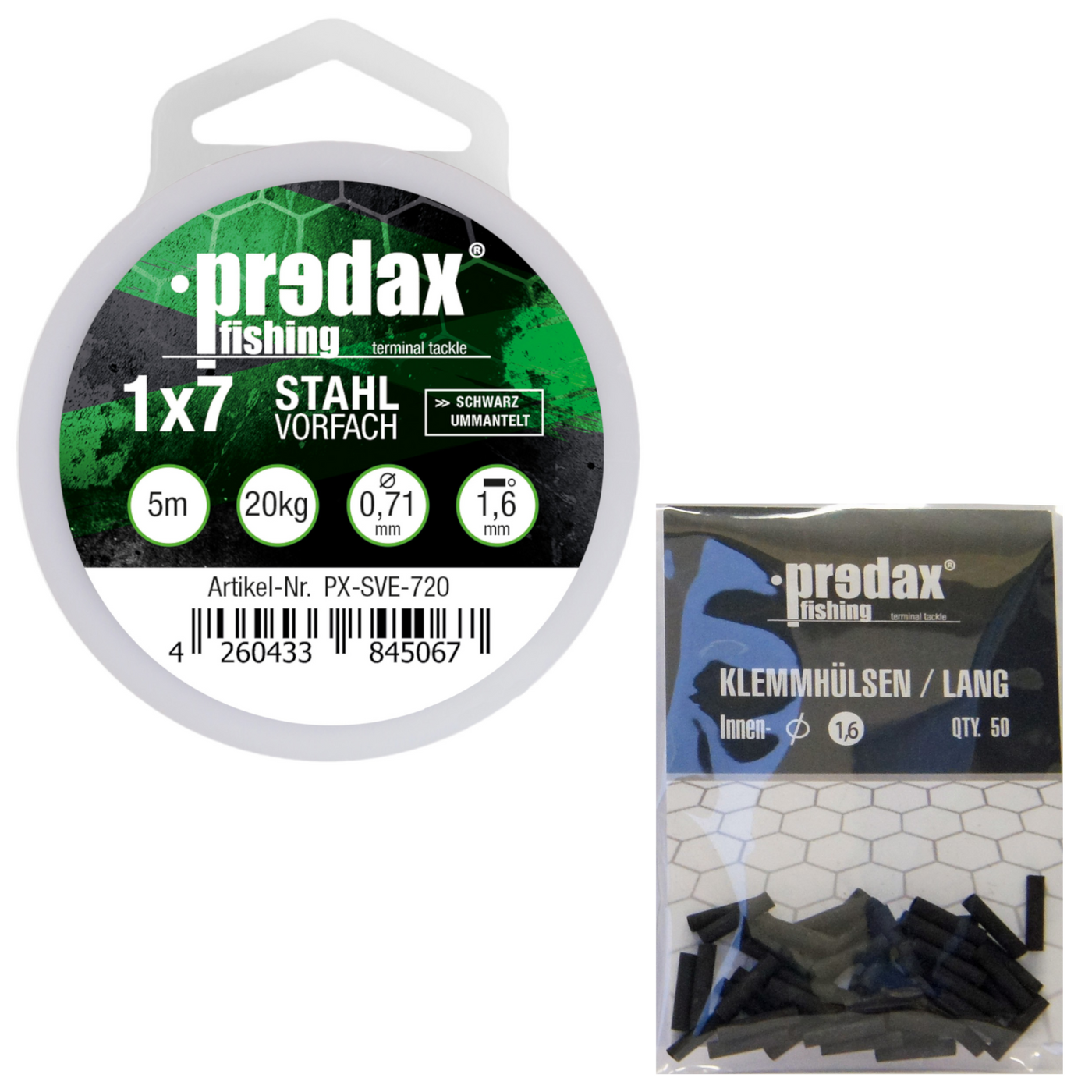 Bild von Predax Vorfachschnur Predax Stahlvorfach 1x7 schwarz 5m 20kg + 50 Klemmhülsen 1,6mm - Set, (1-St)
