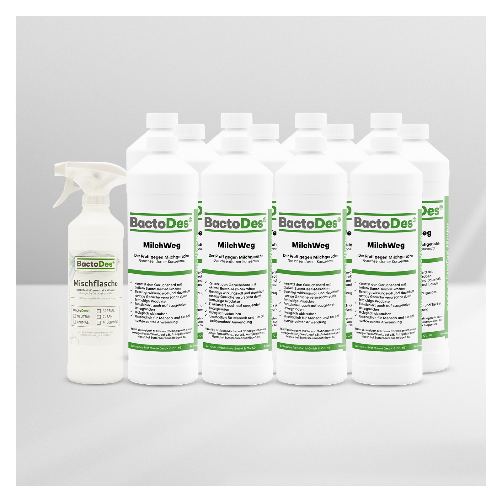 Bild von BactoDes®-MilchWeg Milchgeruch und Buttersäure Neutralisierer incl. 1 Misch- Und Sprühflasche 12 x 1 Liter Karton