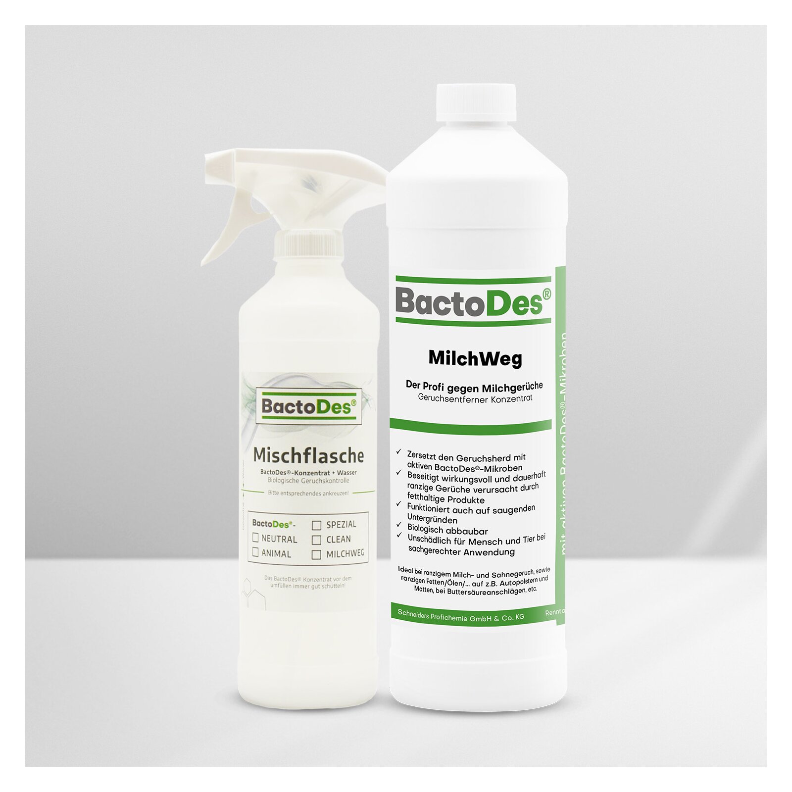 Bild von BactoDes®-MilchWeg Milchgeruch und Buttersäure Neutralisierer 1L incl. 1 Misch- Und Sprühflasche