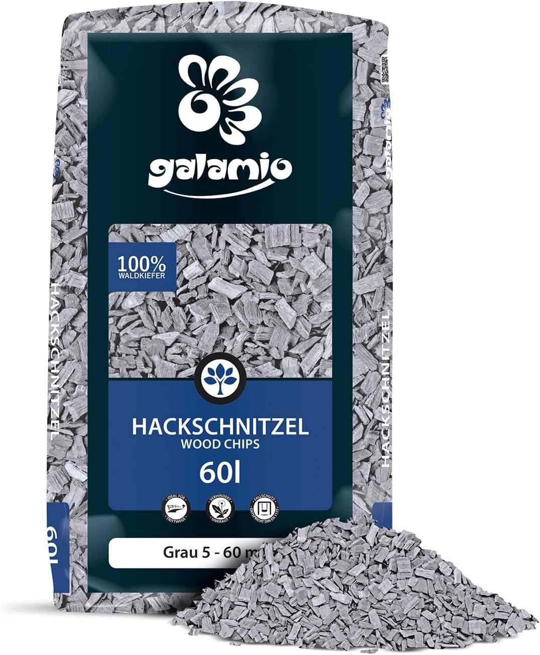 Bild von GALAMIO Holzhackschnitzel Grau Hackschnitzel Mulch Natur Wald Kiefer Pinus Sylvestris Garten Dekor Holz Häcksel Grob 5-60mm 60l Sack / 1 Karton Paligo