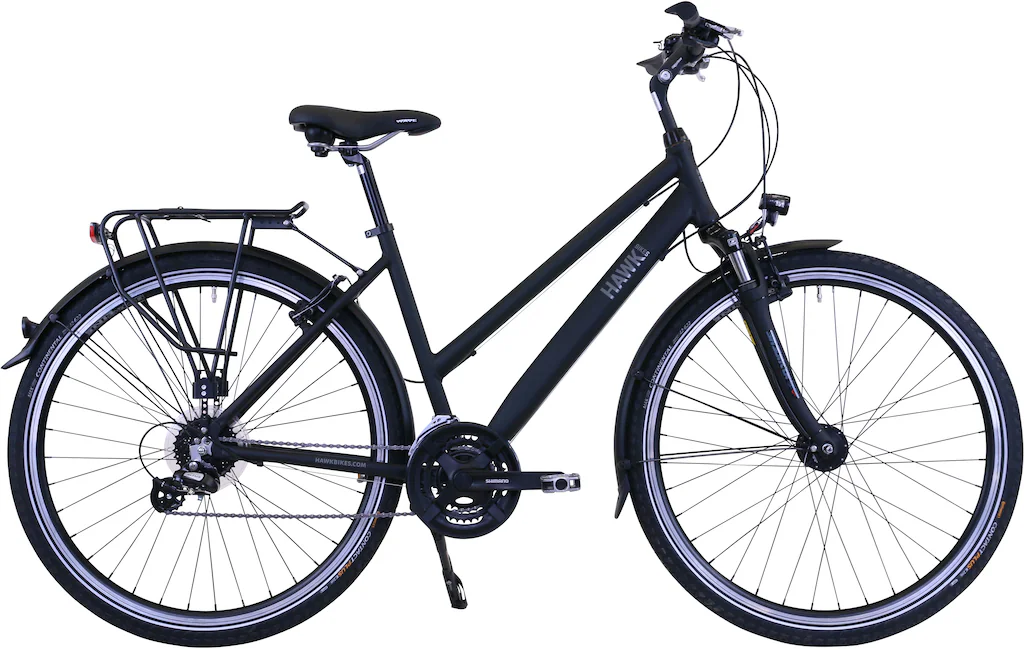 Bild von HAWK Trekking Premium Fahrrad , Black Damen 28 Zoll, Rahmenhöhe 44 cm – Fahrrad mit Microshift 24 Gang Kettenschaltung & Beleuchtung I Allrounder I Schwarz