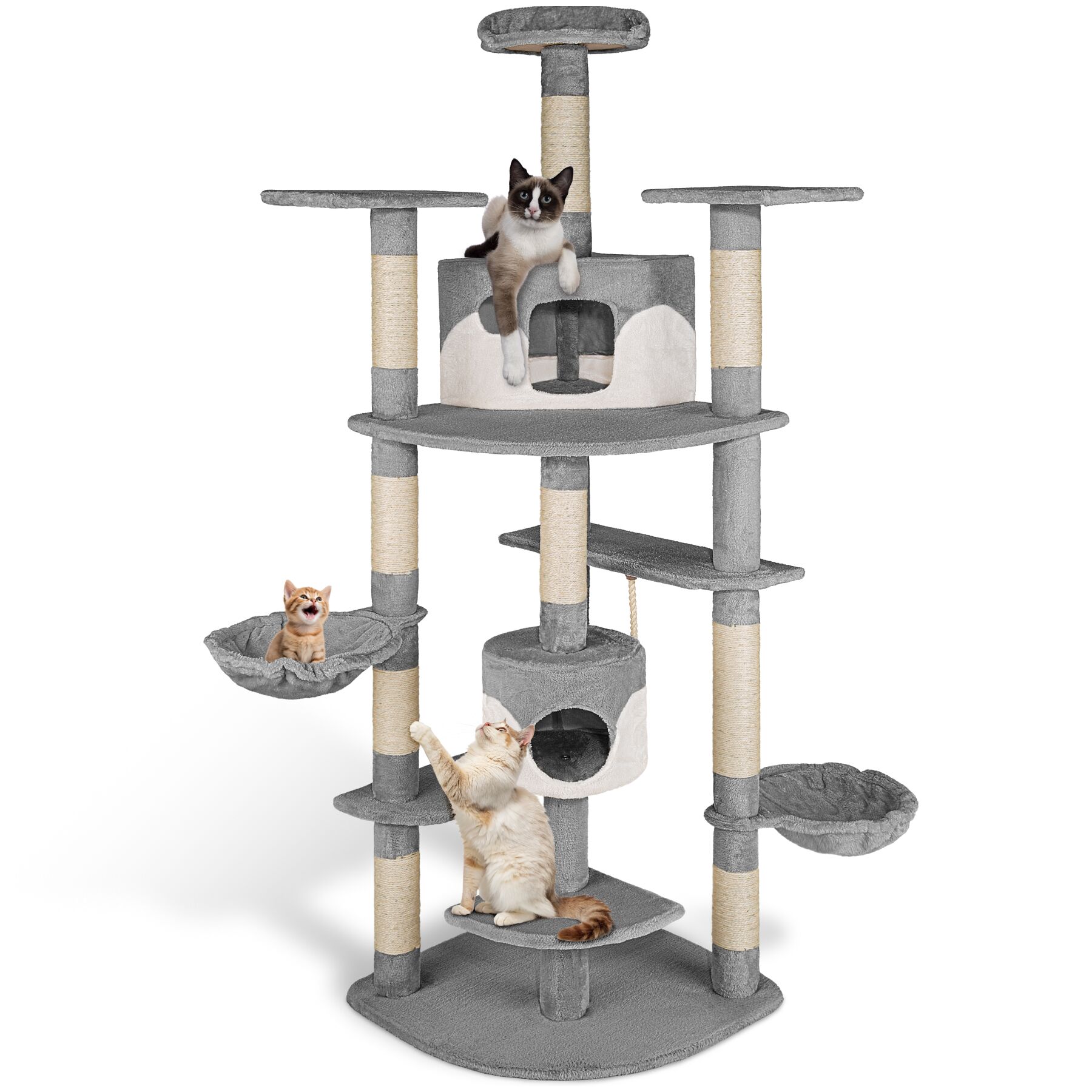 Bild von tectake Kratzbaum Katzenbaum Fippi 201 cm Diverse Farben grau-Weiss, Vielseitig mit robusten Sisalstangen und Plüschoberfläche