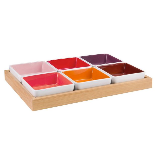 Bild von Remember Schale Rot mit Holztablett, Porzellan, Bambusholz, (7-teilig), spülmaschinengeeignet (Schalen)