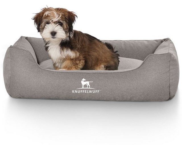 Bild von Knuffelwuff Hundebett Crispino aus Velours mit Handwebcharakter M-L 85 x 63cm Grau - Abnehmbarer Bezug - leicht zu reinigen - für große, mittelgroße und kleine Hunde