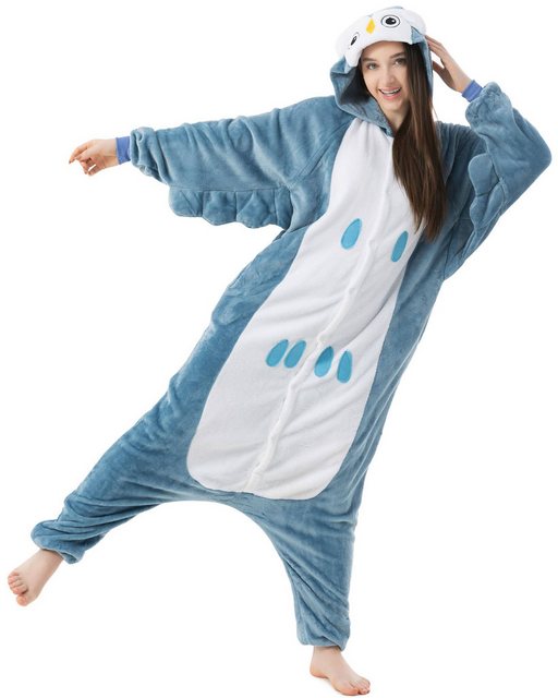 Bild von Katara Partyanzug Waldtiere Jumpsuit Kostüm Overall Erwachsene S-XL, Karneval - Kostüm, Kigurumi - Eule blau M (155-165cm)