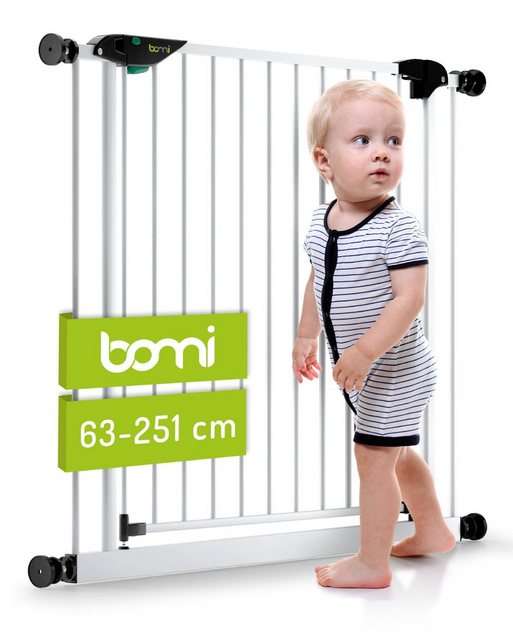 Bild von BOMI Treppen Gitter Mira | Ohne Bohren | 90° Stop | Schließt automatisch | Absperrgitter weiß für Treppen, Türrahmen | Hochwertiges Treppenschutzgitter mit Tür | Breite: 103-111 cm