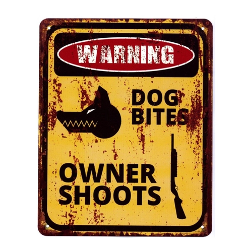 Bild von Blechschild Warning Dog Bites Owner Shoots – Deko Schild für jeden Anlass