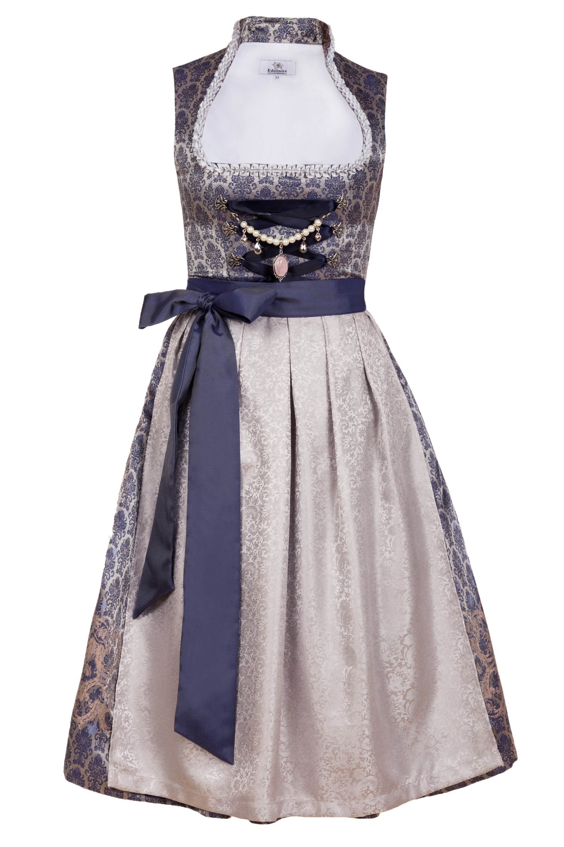 Bild von Edelnice Trachtenmode Exklusives Designer Midi Stehkragen Dirndl Marianna inkl. Spitzen Dirndlschürze und Charivari Gr. 32-54, Blau, 52