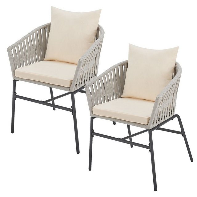 Bild von Juskys Rope Gartenstühle 2er Set wetterfest - bis 160 kg belastbar - Sitz- & Rückenkissen aus Polyester - 2 Stühle aus Stahl & Polypropylen für Garten, Terrasse & Balkon - Hellgrau