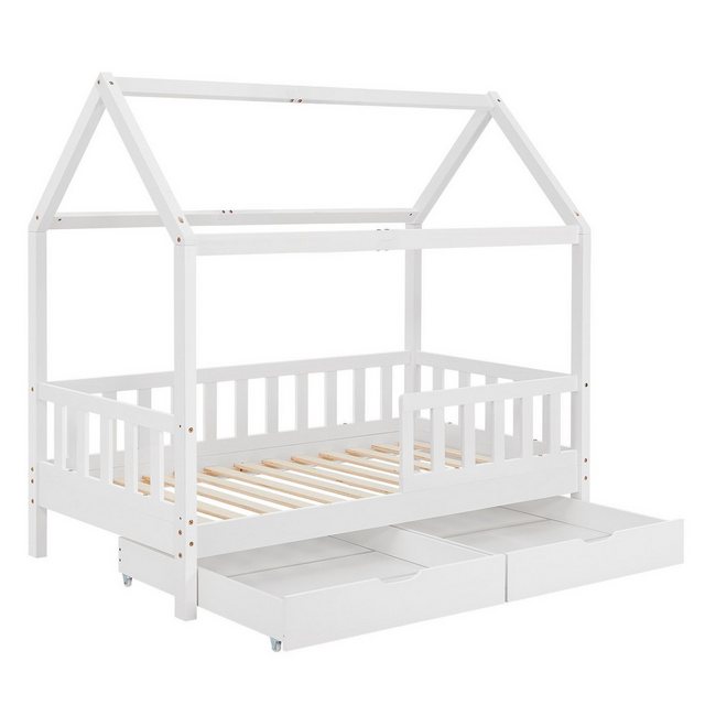 Bild von Juskys Kinderbett Marli 90 x 200 cm mit Bettkasten 2-teilig, Rausfallschutz, Lattenrost & Dach - Massivholz Hausbett für Kinder - Bett in Weiß