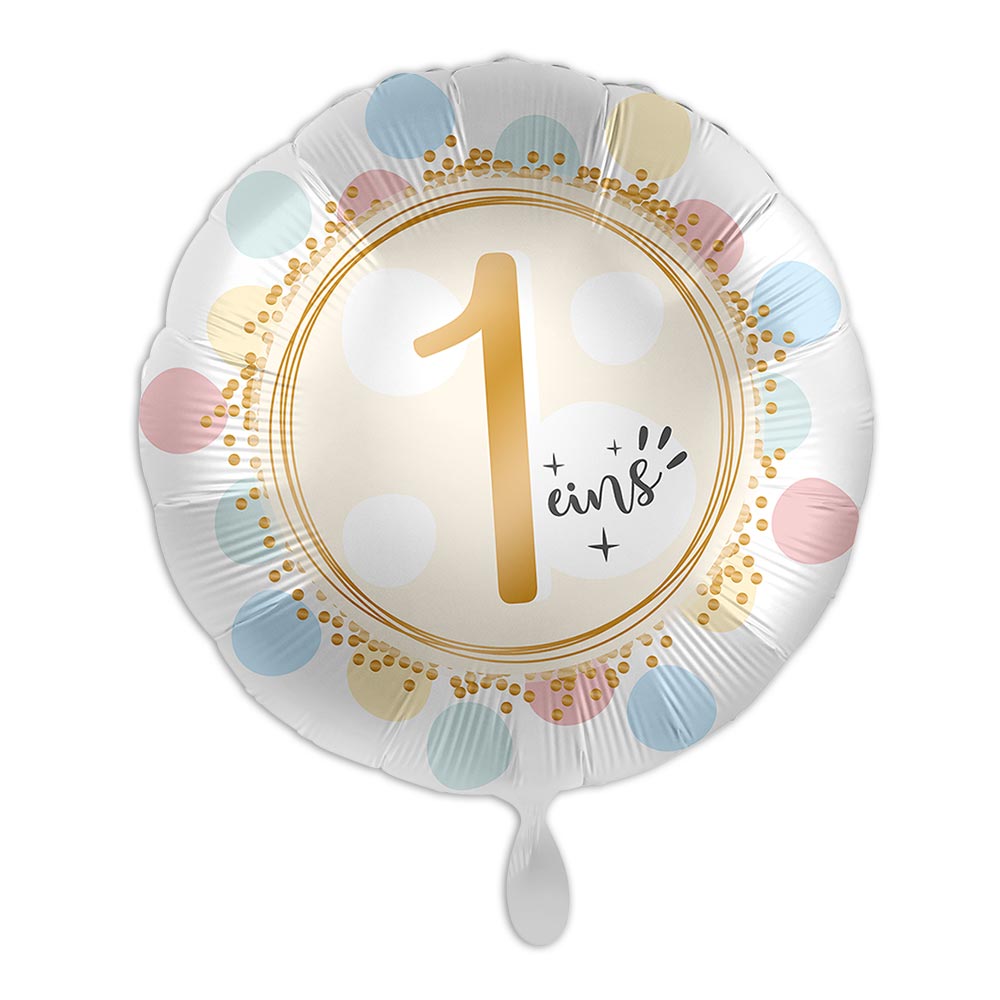 Bild von Folienballon zum 1. Geburtstag, Motiv Rainbow Dots, rund Ø 34 cm