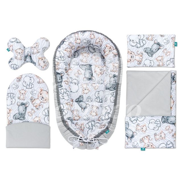 Bild von 5-in-1 Neugeborenen-Komplettset 95x55 cm: Kuschelkokon, inkl. Kopfkissen, Babydecke, ergonomischer Matratze und hochwertiger Erstausstattung Safari