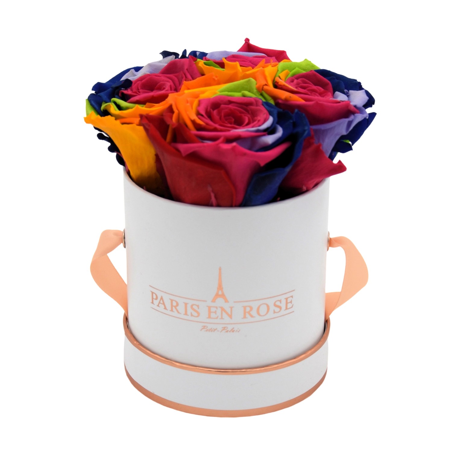 Bild von Rosenbox Ø 10 cm Weiß-Roségold mit 4 Rainbow Rosen