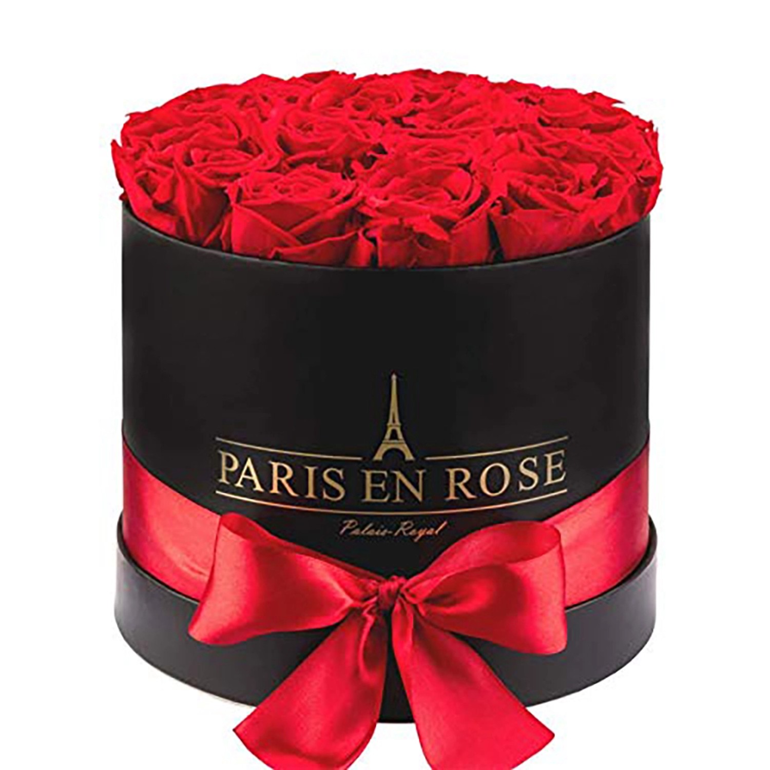 Bild von Rosenbox Ø 19 cm Schwarz mit Schleife und 14 Roten Rosen