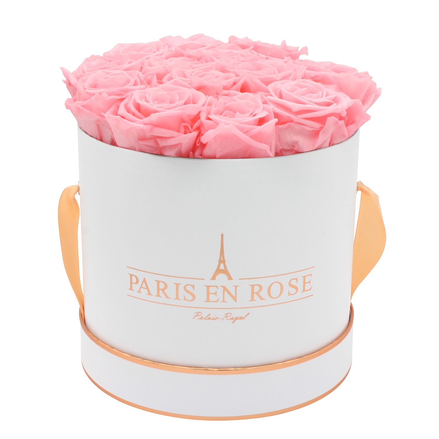 Bild von Rosenbox Ø 19 cm Weiß-Roségold mit 14 Rosa Rosen