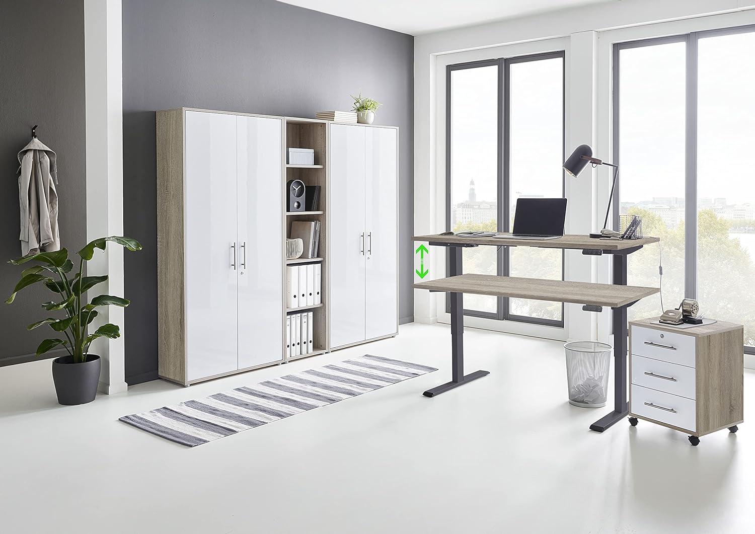 Bild von Büromöbel komplett Set mit elektrisch höhenverstellbaren Schreibtisch Arbeitszimmer e-Dition in Eiche Sonoma/Weiß Matt Gestell Anthrazit… (Set 8)