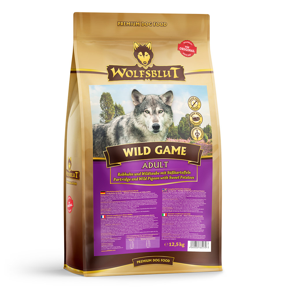 Bild von WOLFSBLUT Wild Game Rebhuhn & Wildtaube mit Süßkartoffel Hundetrockenfutter 12,5 Kilogramm