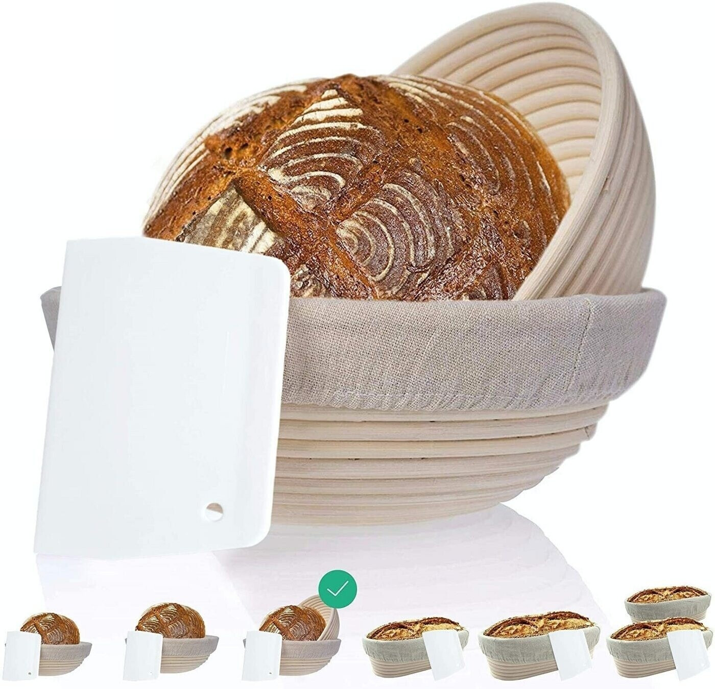 Bild von riijk Gärkorb Gärkorb inkl. Gratis Teigschaber, (Gärkorb 22cm und 25 cm, zwei Leinentücher und ein Teigschaber), Gärkorb 2er Set + Leinentücher u. Teigschaber