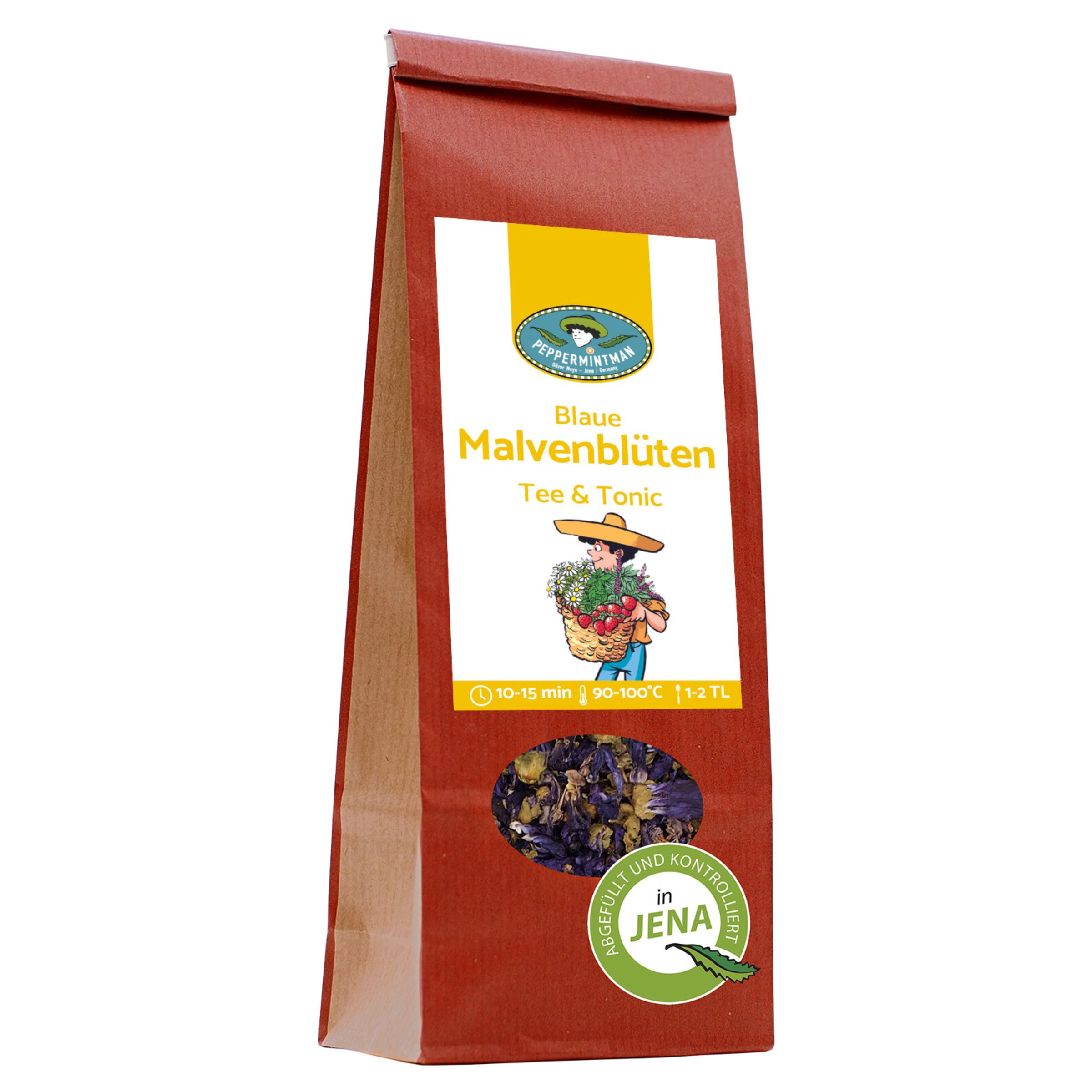 Bild von Blaue Malvenblüten 60g - für Kräutertee – Tee färbt sich 1-5 Minuten blau – PEPPERMINTMAN