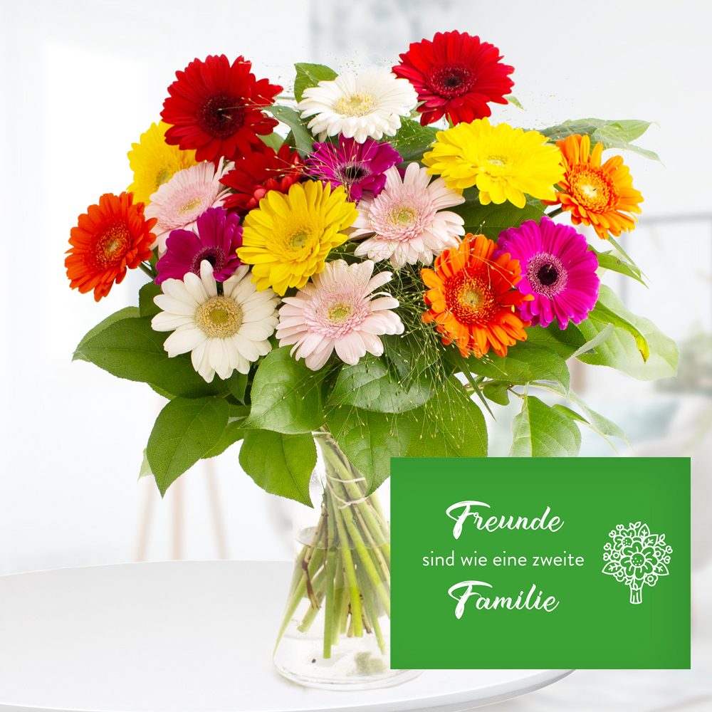Bild von Blumenstrauß Bunte Gerbera + "Freunde sind wie eine zweite Familie" Karte