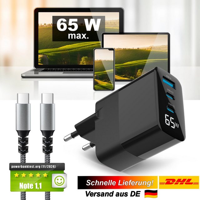 Bild von EAXUS 3-Port USB-C Netzteil 65 Watt mit Display - für iPhone, iPad, Handy Universal-Ladegerät (Schnellladegerät auch für Macbook & Laptop, Schwarz)