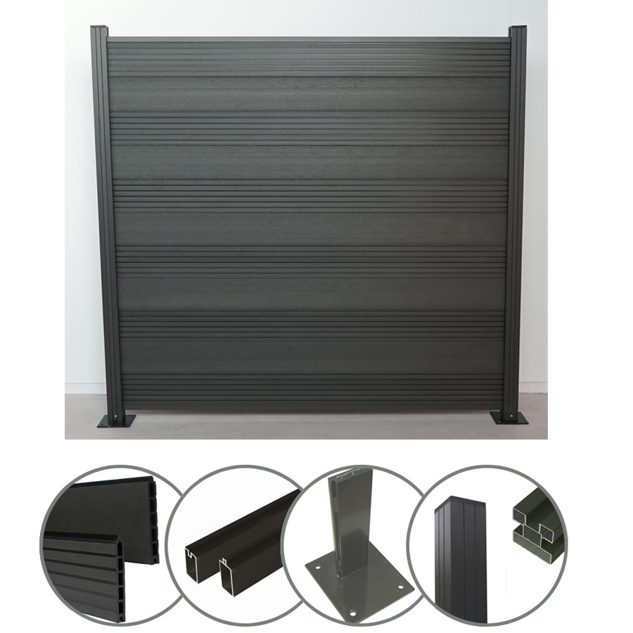 Bild von Komplettset WPC Zaun Steckzaun Sichtschutz (Höhe 185 cm/Breite 180 cm) mit Pfosten (1950 mm) zum Aufdübeln anthrazit (Serie WoodoTexel) (4 x Zaun + 5 Pfosten + 5 Pfostenträger)