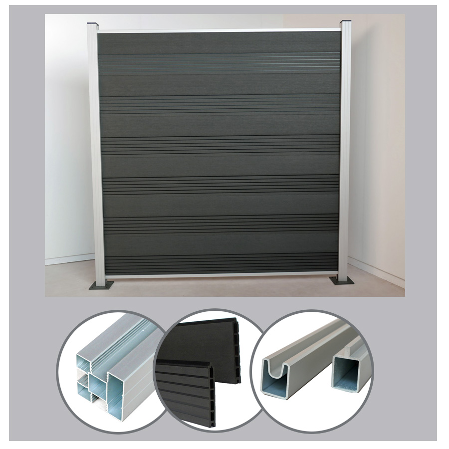 Bild von Komplettset WPC Zaun Sichtschutz Steckzaun (Höhe 185 cm/Breite 180 cm) mit Pfosten (2400 mm) zum Einbetonieren anthrazit / Silber eloxiert (Serie WoodoTexel) (5 x Zaun + 6 Pfosten)