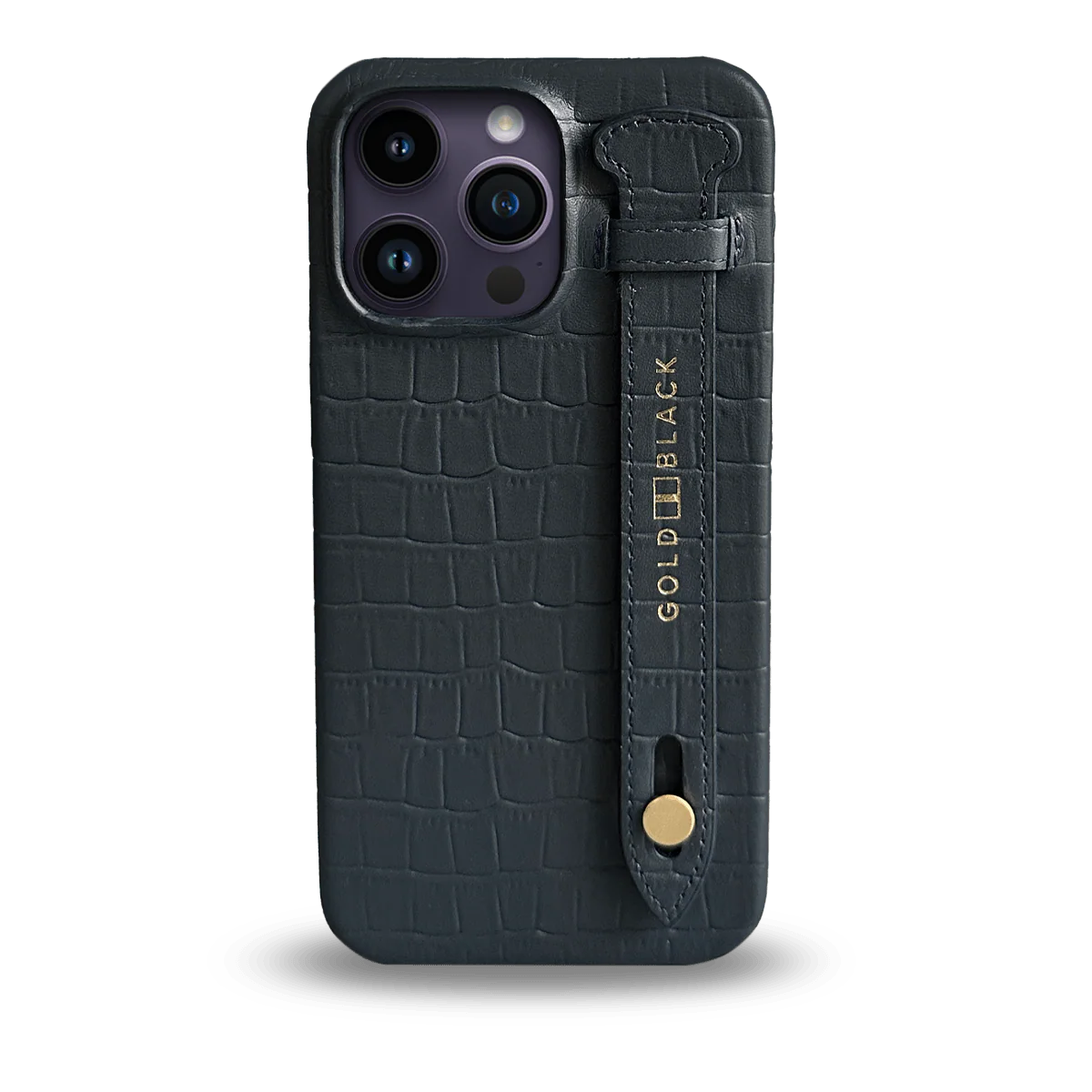 Bild von iPhone 14 Pro Max Slim Lederhülle Kroko-Prägung Navy Blau mit Fingerschlaufe
