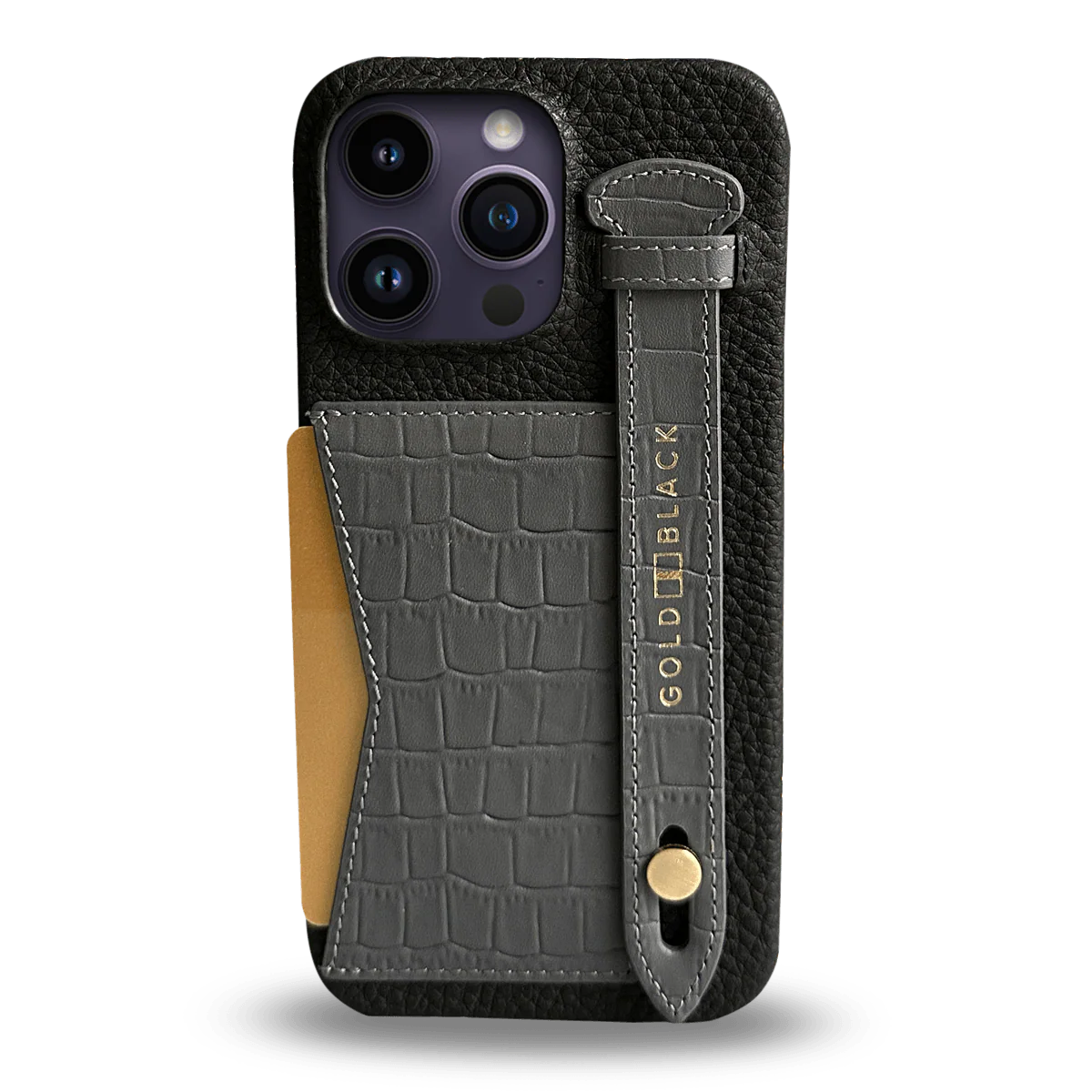 Bild von iPhone 14 Pro Max Slim Lederhülle Kroko-Prägung grau mit Kartenetui und Schlaufe