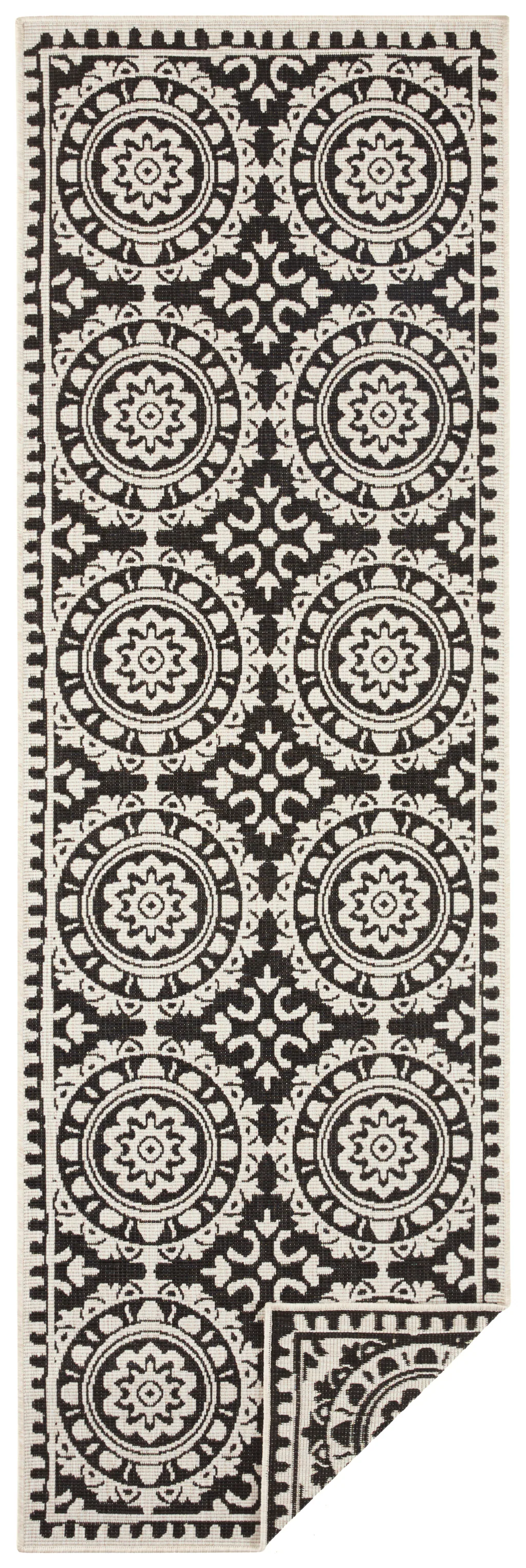 Bild von NORTHRUGS In- und Outdoor Teppich Jardin 80x250cm - Wendeteppich Wetterfest Orientalisches Vintage Design Läufer für Balkon Terrasse Garten Wintergarten Wohnzimmerteppich Wasserfest in Schwarz Creme