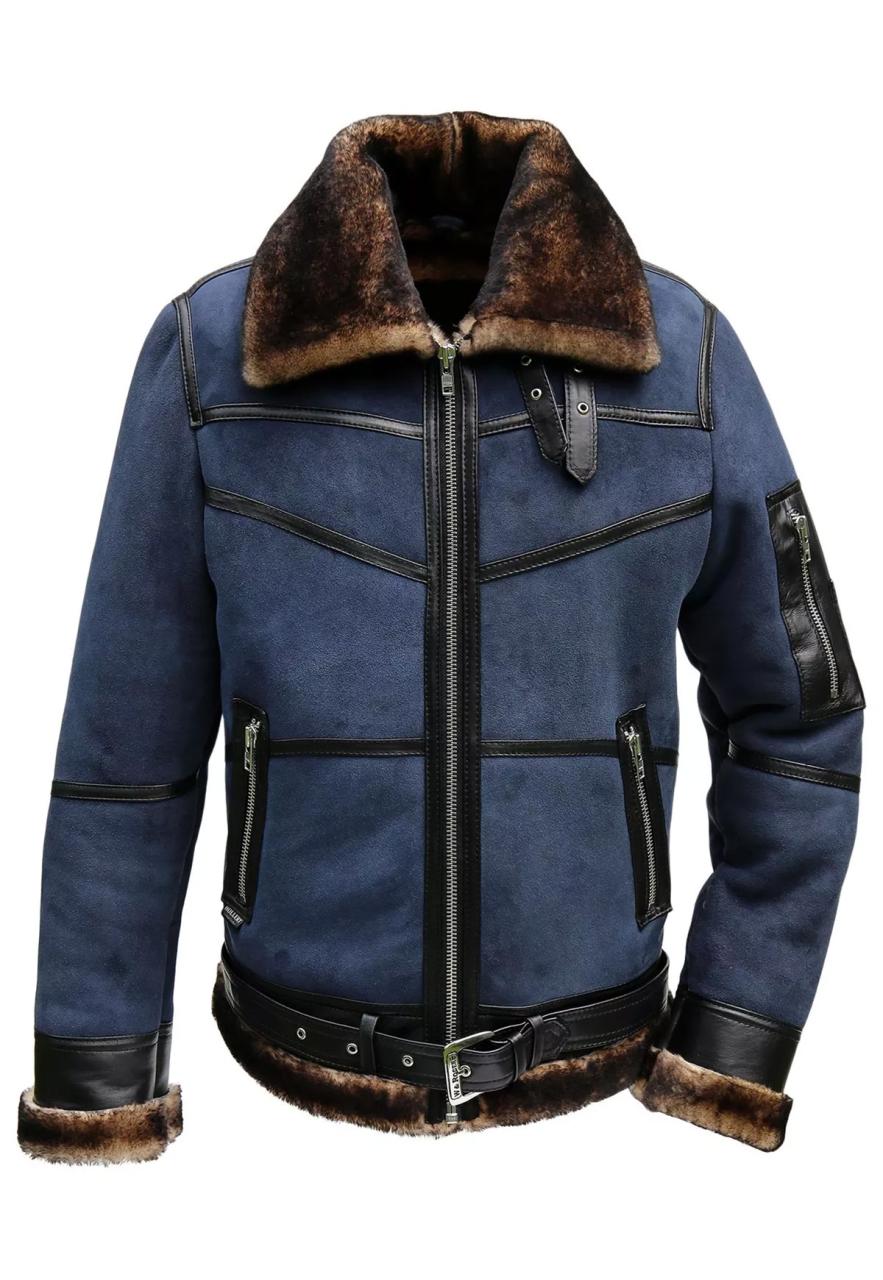 Bild von Herren Lammfelljacke B16 Blau Fliegerjacke Pilotenjacke U.S. Air Winterjacke echtes Merino Schaffell Lederjacke Felljacke Fashion Jacke Größe XL
