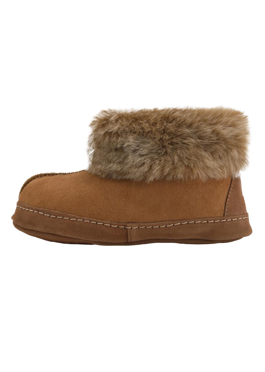 Bild von Hollert Lammfell Hüttenschuhe Unisex Hausschuhe warm Bequeme Bettschuhe Wildledersohle Echtleder Farbe Cognac, Größe 36 EU