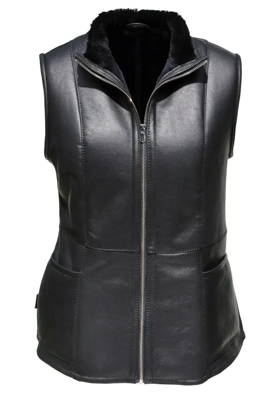 Bild von Hollert Damen Lammfellweste Emma Fellweste Lederweste echtes Merino Schaffell Lammnappa Outdoor Winter kuschelig-warm Reiterweste in Schwarz und Braun Größe M, Farbe Schwarz
