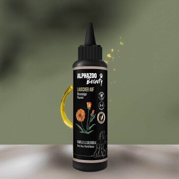 Bild von alphazoo Ohrenreiniger Hund, Katze & Pferd 200 ml I Kamille Calendula I Milder Ohrenschmalz Entferner I Ohr Reiniger zur Ohrenpflege oder Ohrenspülung