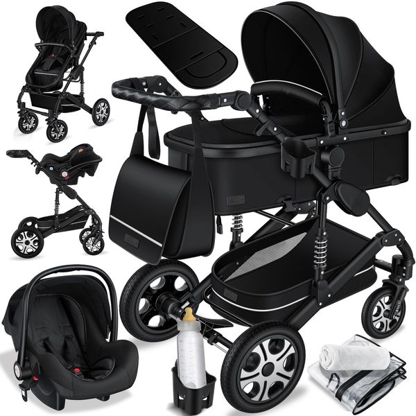 Bild von KESSER® Loops 3 in 1 Kinderwagen Kombikinderwagen Komplett-Set inkl. Babywanne & Buggy Sportsitz & Auto-Babyschale Voll-Gummireifen Wickeltasche Regenschutz Kindertisch ECE R129, Schwarz/Schwarz
