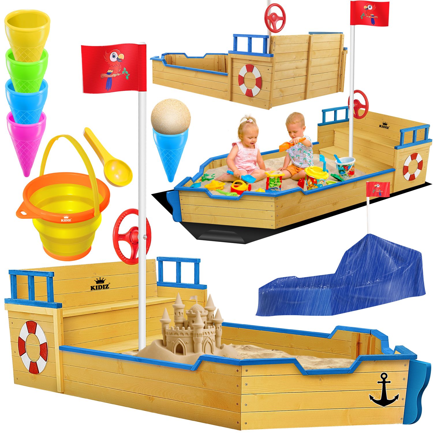 Bild von KIDIZ® Sandkasten AHOI - Piratenschiff Boot Segelschiff aus Holz Inkl. Abdeckung, Bodenplane, Sitzbank, Flaggenmast, Spielzeuge | Große Kinder Sandkiste für den Garten | Outdoor Sandbox Blau