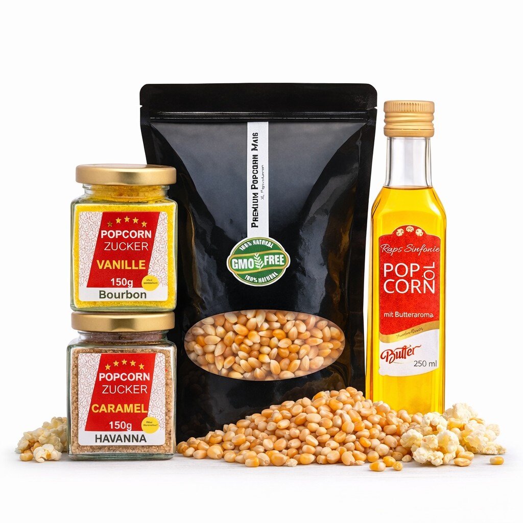 Bild von Hopser Food Fun Partyset 500g Popcornmais,250ml Popcornöl mit Butteraroma,150g Popcorn-Zucker Vanille und 150g Karamellzucker Popcornset für Popcornmaschine