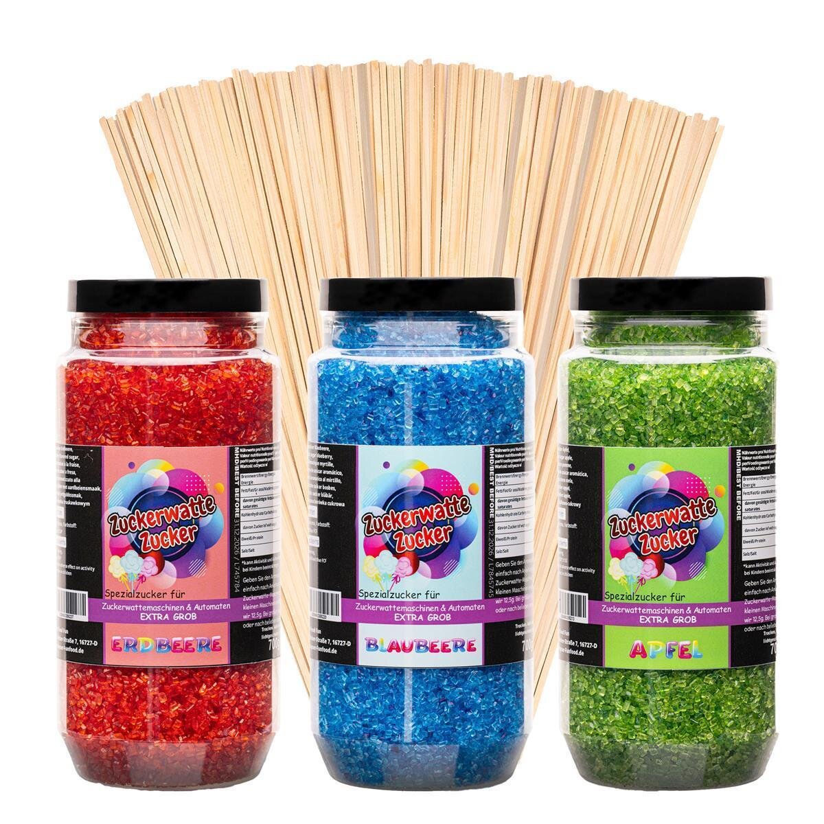 Bild von Zuckerwatteset Grob 3x700 g mit 100 Stäben Blaubeere, Erdbeere, Apfel