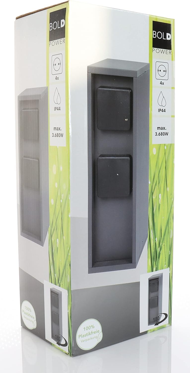 Bild von Bold Pado Aussen-Steckdose-Garten Steckdosen-Säule mit 4-Fach Stecker in Anthrazit (IP44 Outdoor Energie-Säule | 3680 Watt | eckig | 30 x 12 x 9 cm | Einfache Montage | Plastikfreie Verpackung)