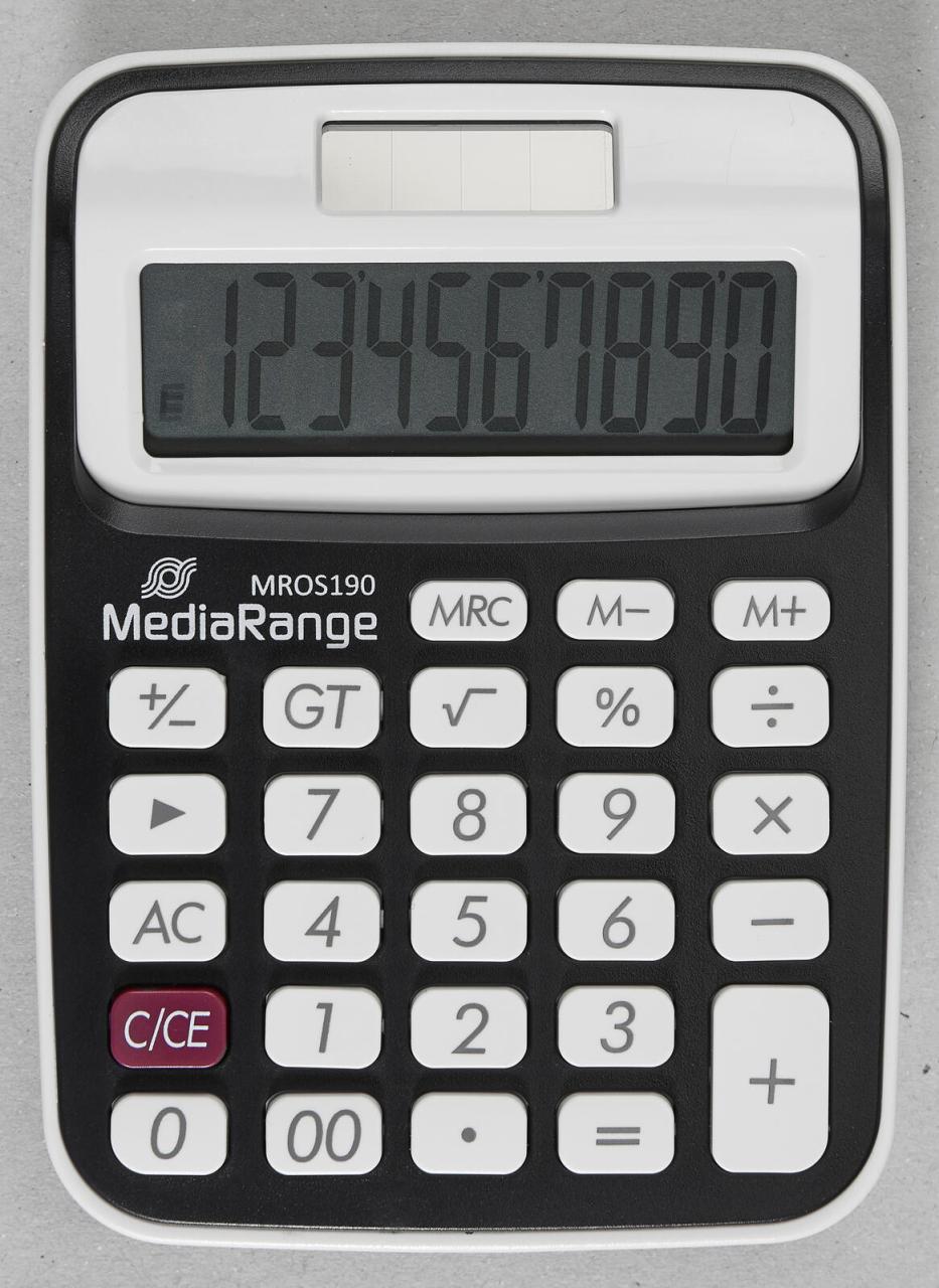 Bild von MediaRange kompakter Taschenrechner mit 10-stelligem LC-Display, Solar- und Batteriebetrieb, schwarz/weiß