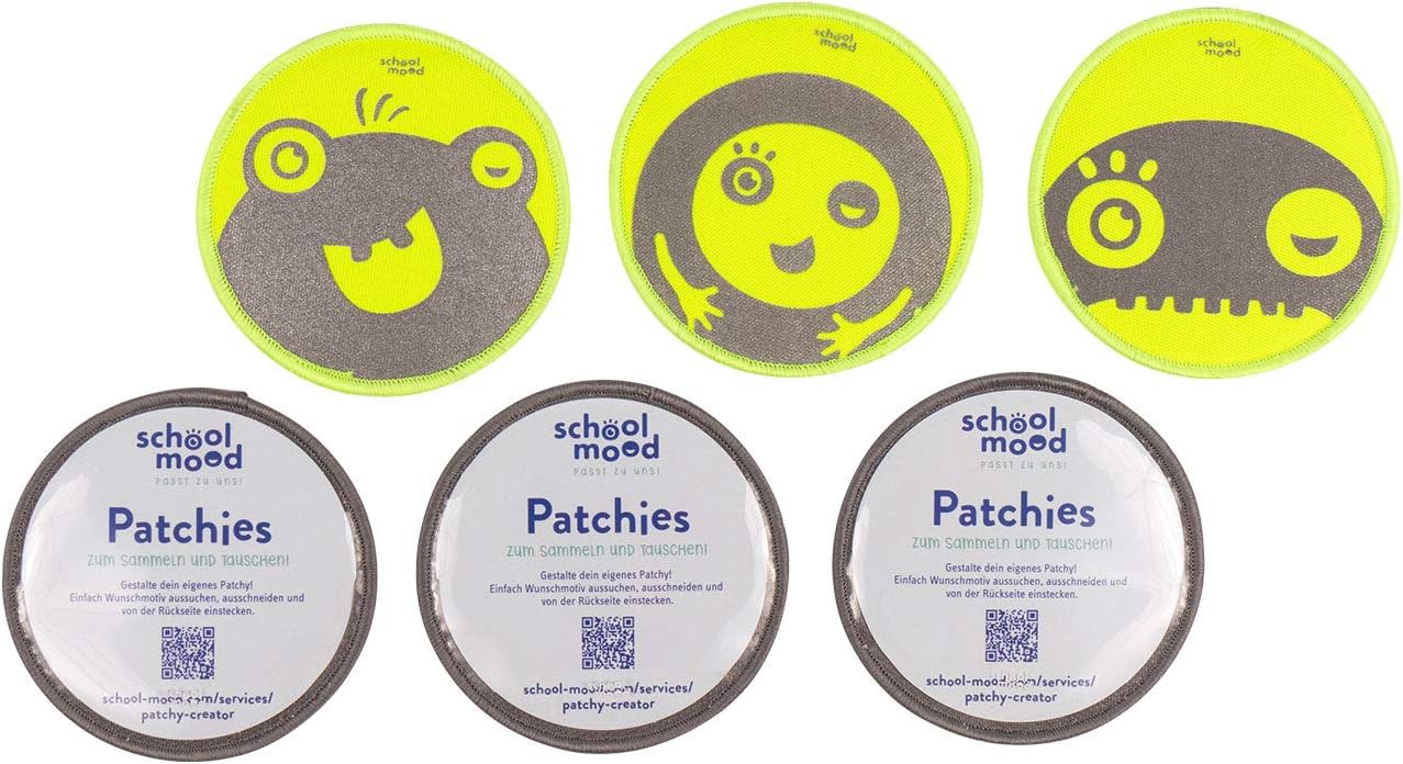 Bild von SCHOOL-MOOD® Patchies 6er Patchy Set Yellow Monsters, neongelb und blanko, Klettpads, Klebepads, Reflektor, Zubehör für Schulranzen, Schultasche oder Sporttasche