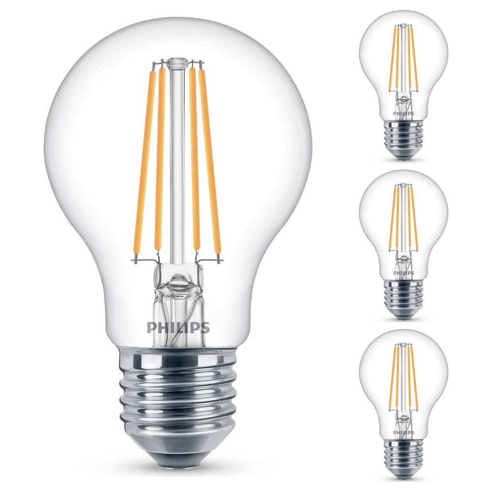 Bild von Philips LED Lampe ersetzt 60W, E27 Standardform A60, klar, warmweiß, 806 Lumen, nicht dimmbar, 4er Pack