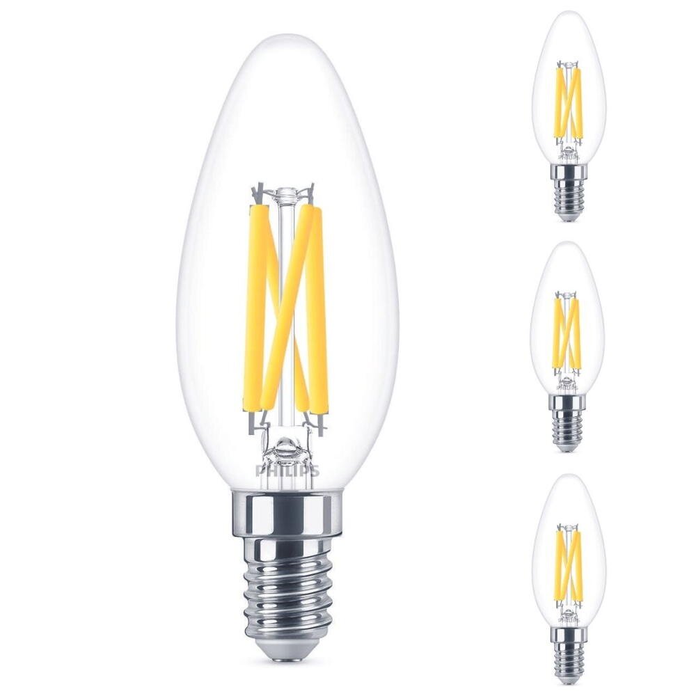 Bild von Philips LED Lampe ersetzt 60 W, E14 Kerzenform B35, klar, warmweiß, 810 Lumen, dimmbar, 4er Pack transparent