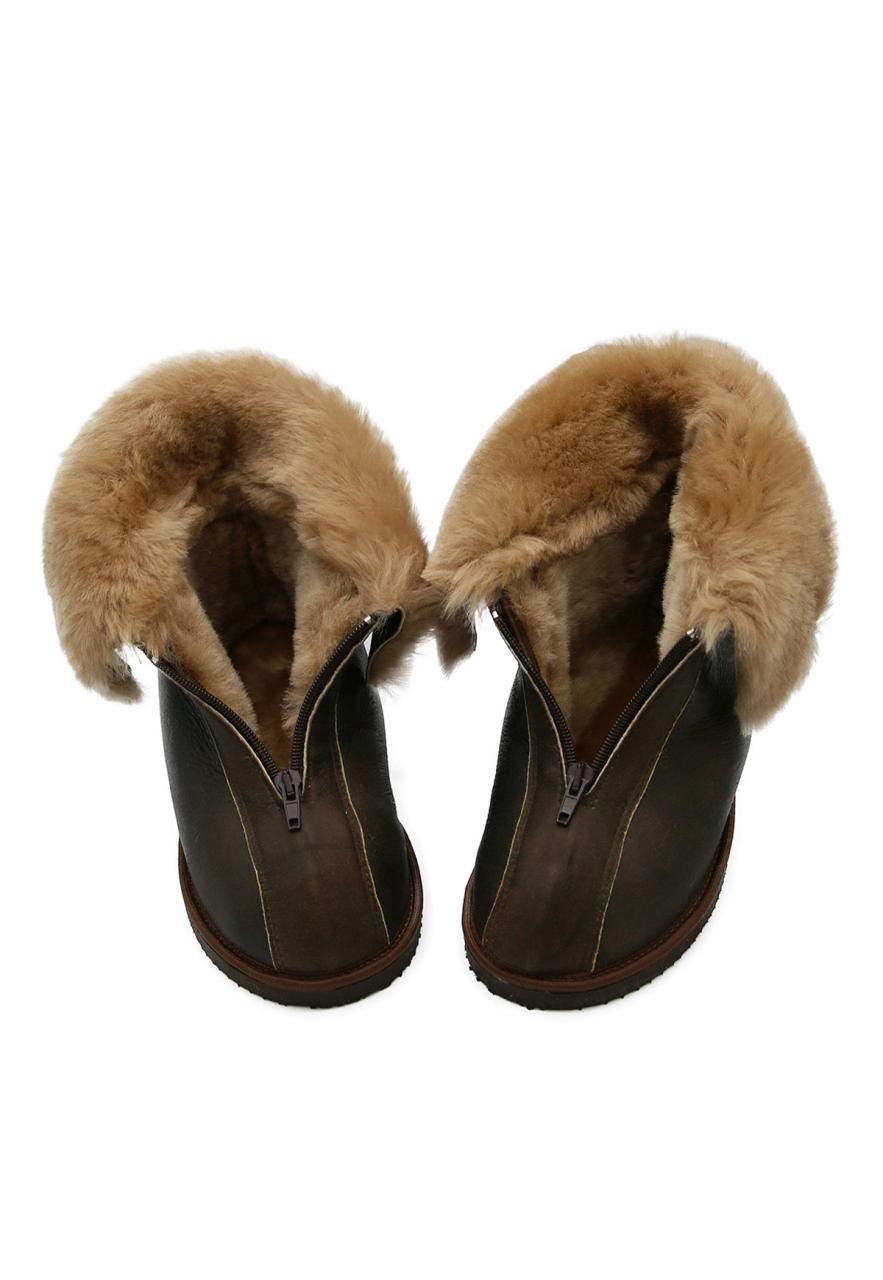Bild von Damen & Herren Lammfell Hausschuhe Alaska Dunkelbraun Fellschuhe mit Reißverschluss 100% Merino Schaffell für Wohlgefühl - warm, atmungsaktiv Schuhgröße 38