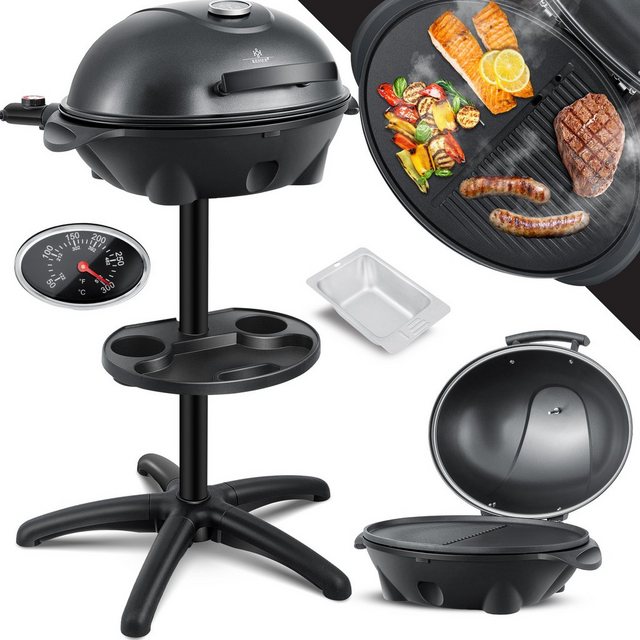 Bild von KESSER® elektrischer Elektrogrill 2in1 Tischgrill - Standgrill mit Deckel Standfuß | max. 2400 Watt Thermometer | Antihaftbeschichtung | XXL Grillplatte | integrierte Ablagefläche Elektro-Säulengrill