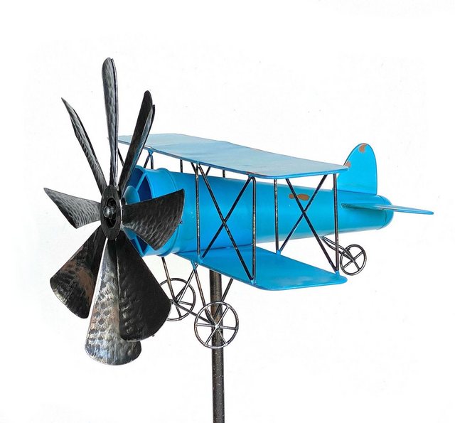 Bild von DanDiBo Gartenstecker Metall Flugzeug XL 160 cm Doppeldecker Blau 96099 Windspiel Windrad Wetterfest Gartendeko Garten Gartenstab Bodenstecker